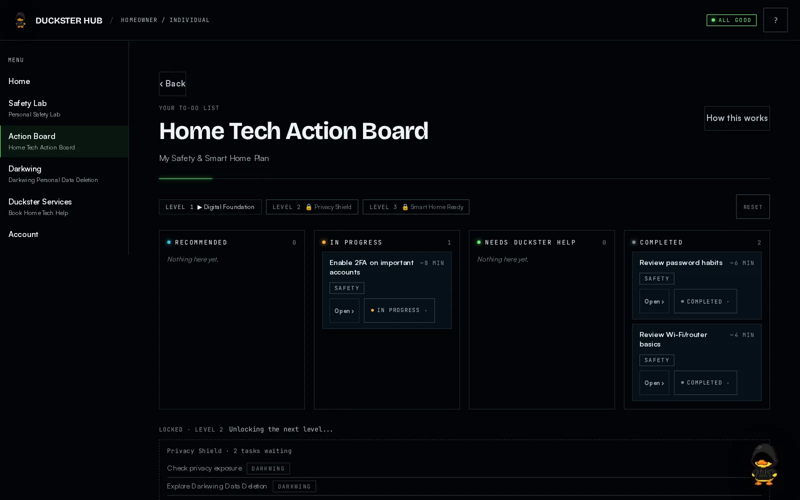 The Hub's action board, with tasks in columns for recommended, in progress, needs help and completed, grouped into levels.