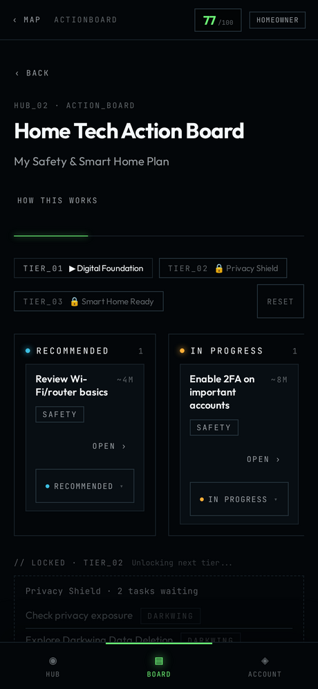 Mobile Hub tiered action board with task columns