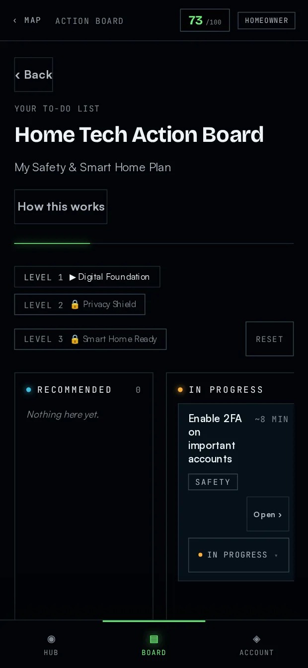 The Hub action board on a phone.