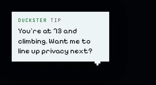 Duckster in the Hub with a tip in his pixel speech bubble: you're at 73 and climbing, want me to line up privacy next?
