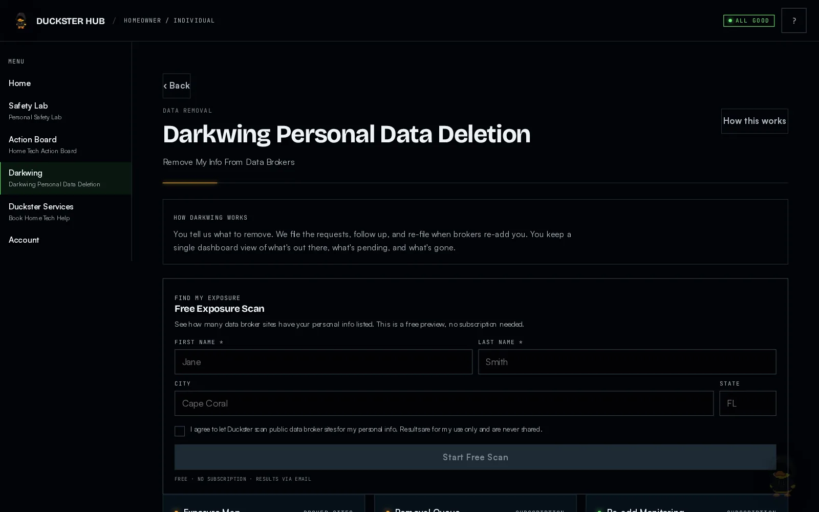 The Hub's Darkwing tab, showing where personal information is listed on data broker sites.