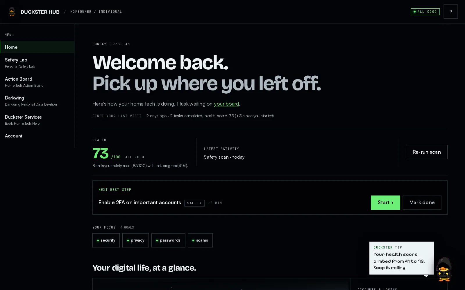 The Hub dashboard on a laptop: a welcome back, a 73 out of 100 health score, the next best step and your focus areas.