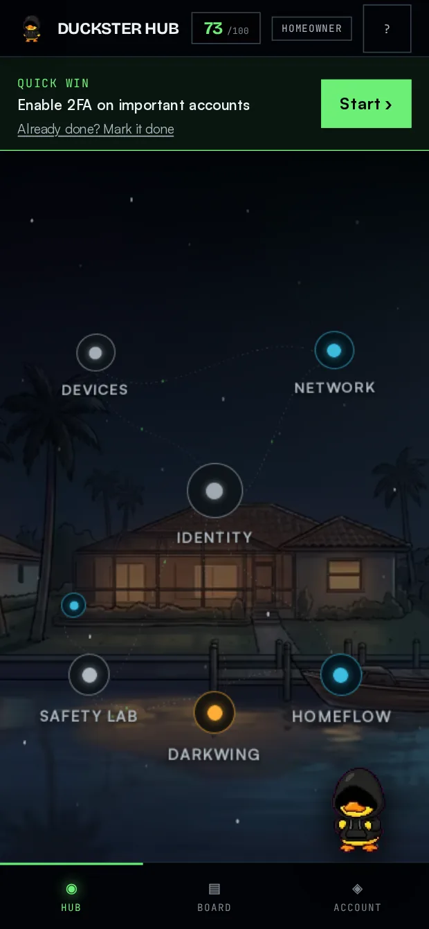 The Duckster Hub on a phone: an interactive map of your devices and accounts over a painted Cape Coral canal at night, with a 73 out of 100 health score.