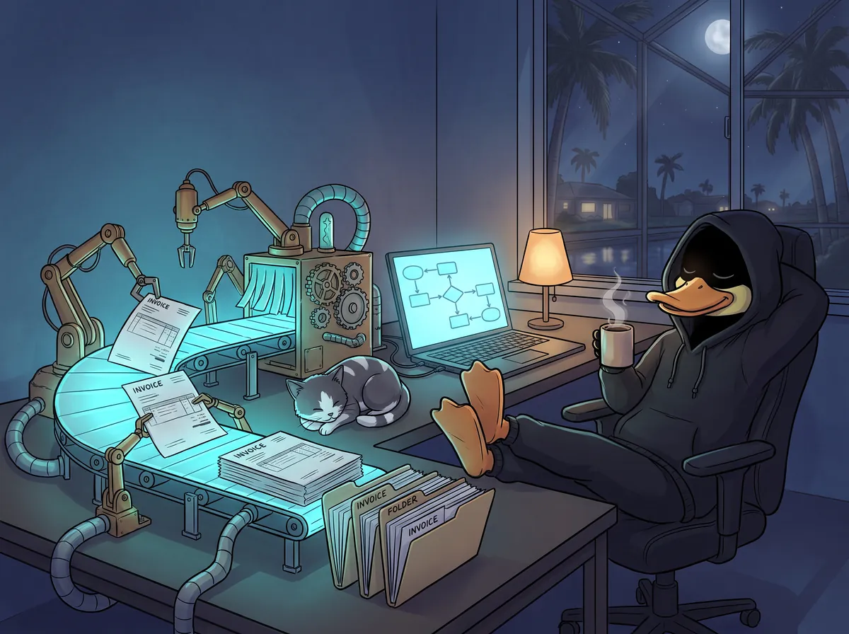 Duckster relaxing with a coffee while a little glowing machine sorts invoices into folders on its own.