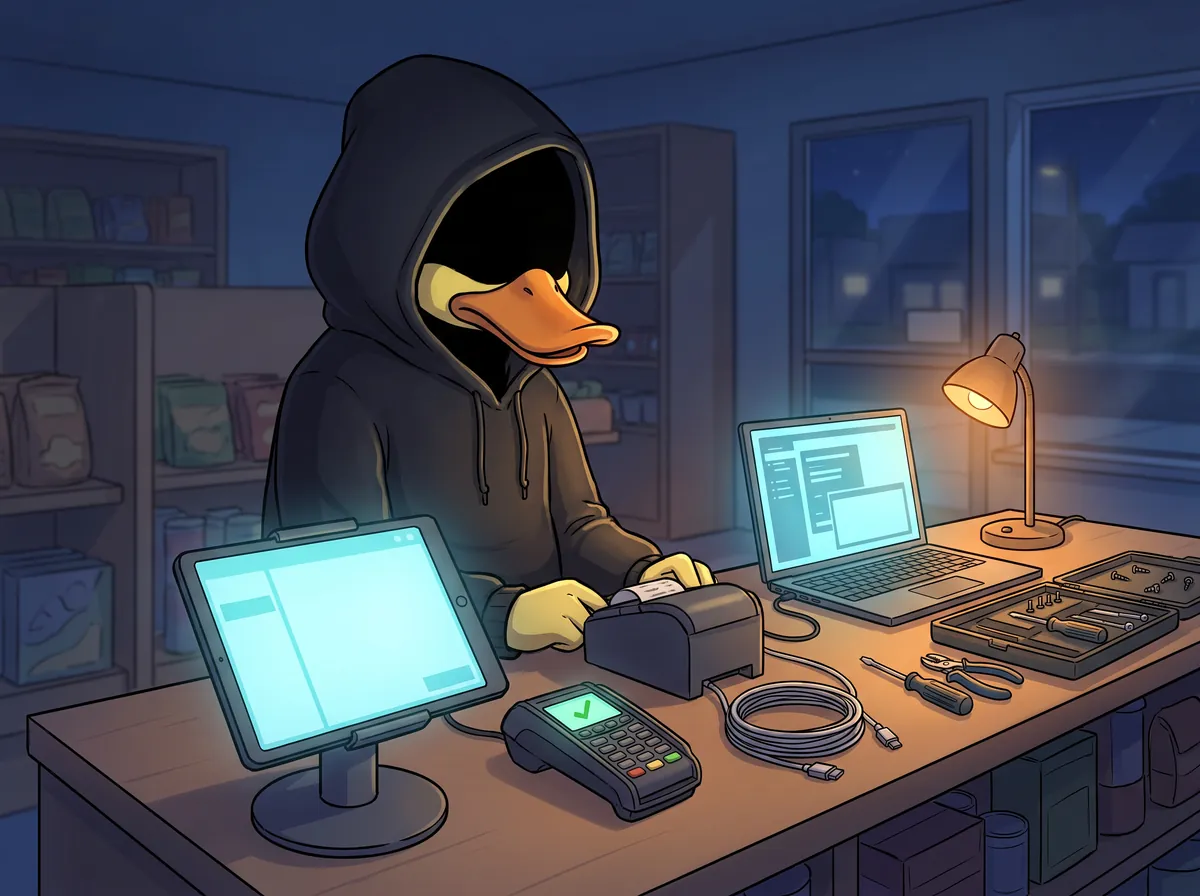Duckster setting up a point-of-sale tablet, card reader and receipt printer behind a shop counter.
