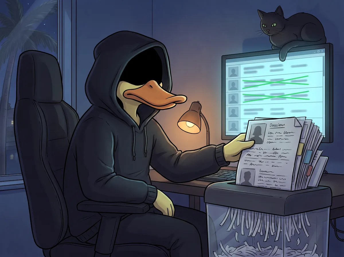 Duckster feeding a stack of personal records into a paper shredder at his desk at night.
