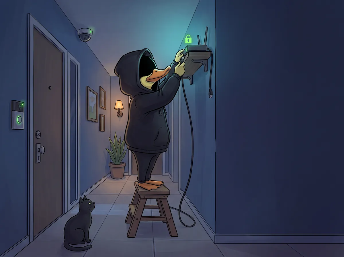 Duckster on a step stool mounting a Wi-Fi router in a hallway at night while a black cat watches.
