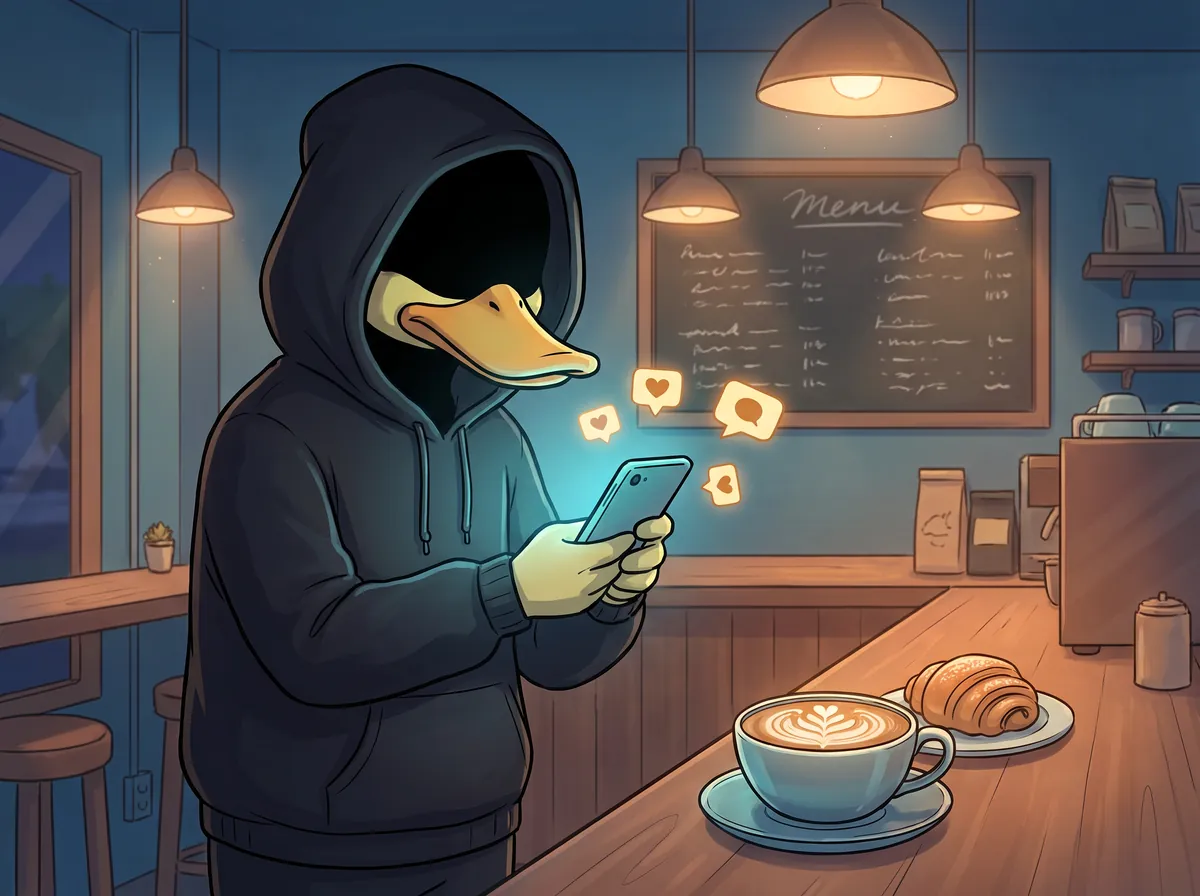 Duckster photographing a latte and pastry on a coffee shop counter for a social media post.