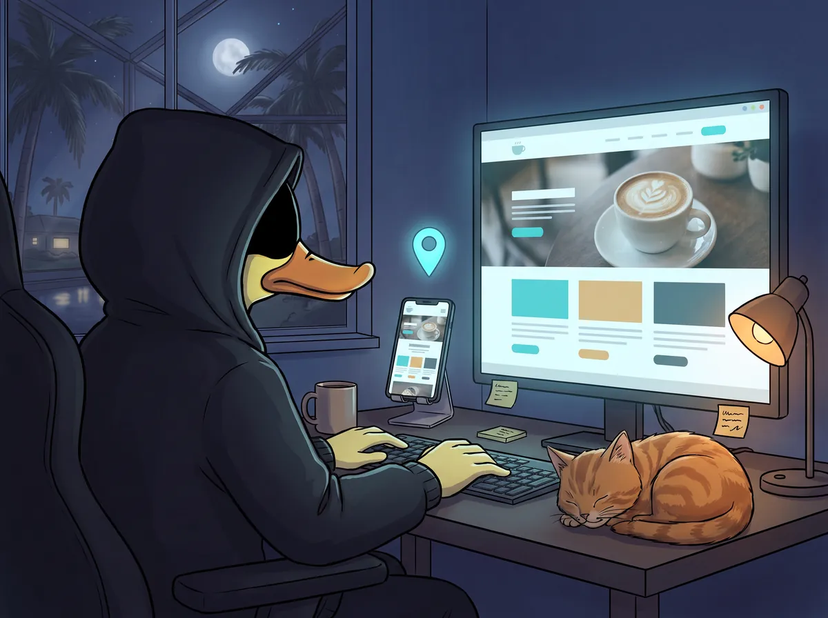 Duckster building a website for a local coffee shop, shown on a big monitor and a phone.