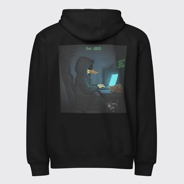The back of the black Est. 2025 hoodie, printed with the original Duckster artwork.
