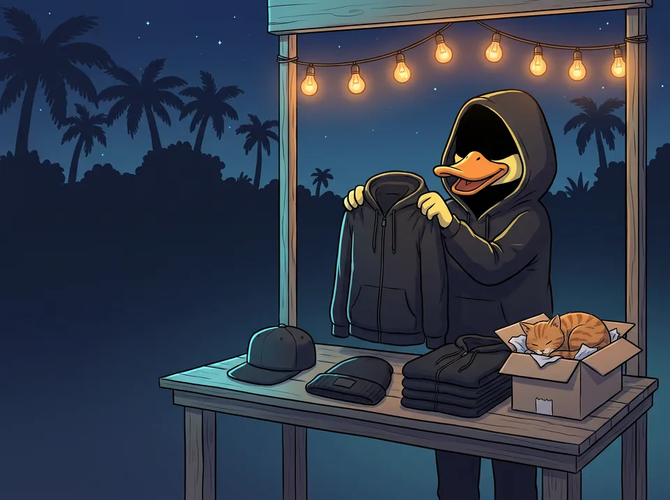 Duckster at a night-market merch stand, holding up a black zip hoodie next to a cap, a beanie and a shipping box with an orange cat asleep inside.