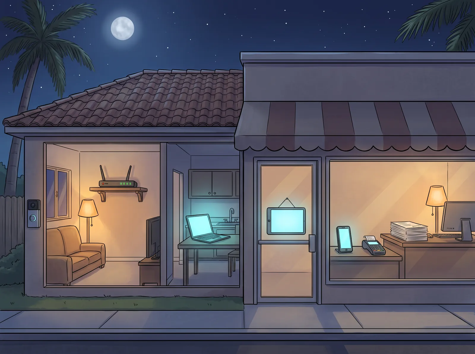 Cutaway illustration of a Southwest Florida home and the small coffee shop next door at night, showing a Wi-Fi router, a video doorbell, a laptop, a website display, a phone, a stack of invoices and a card reader.