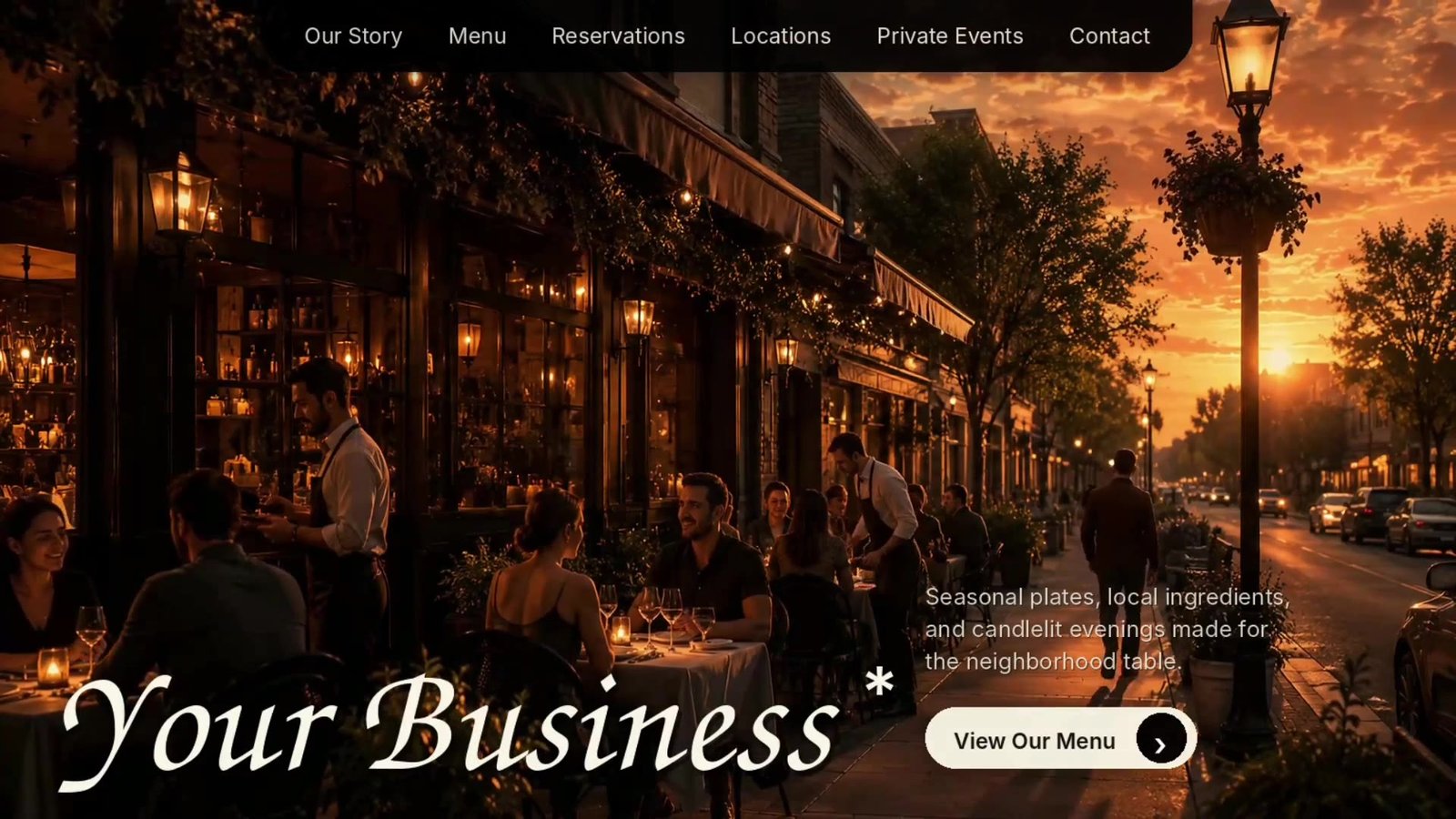 Concept restaurant website: a candlelit street-side dining scene with a View Our Menu button.